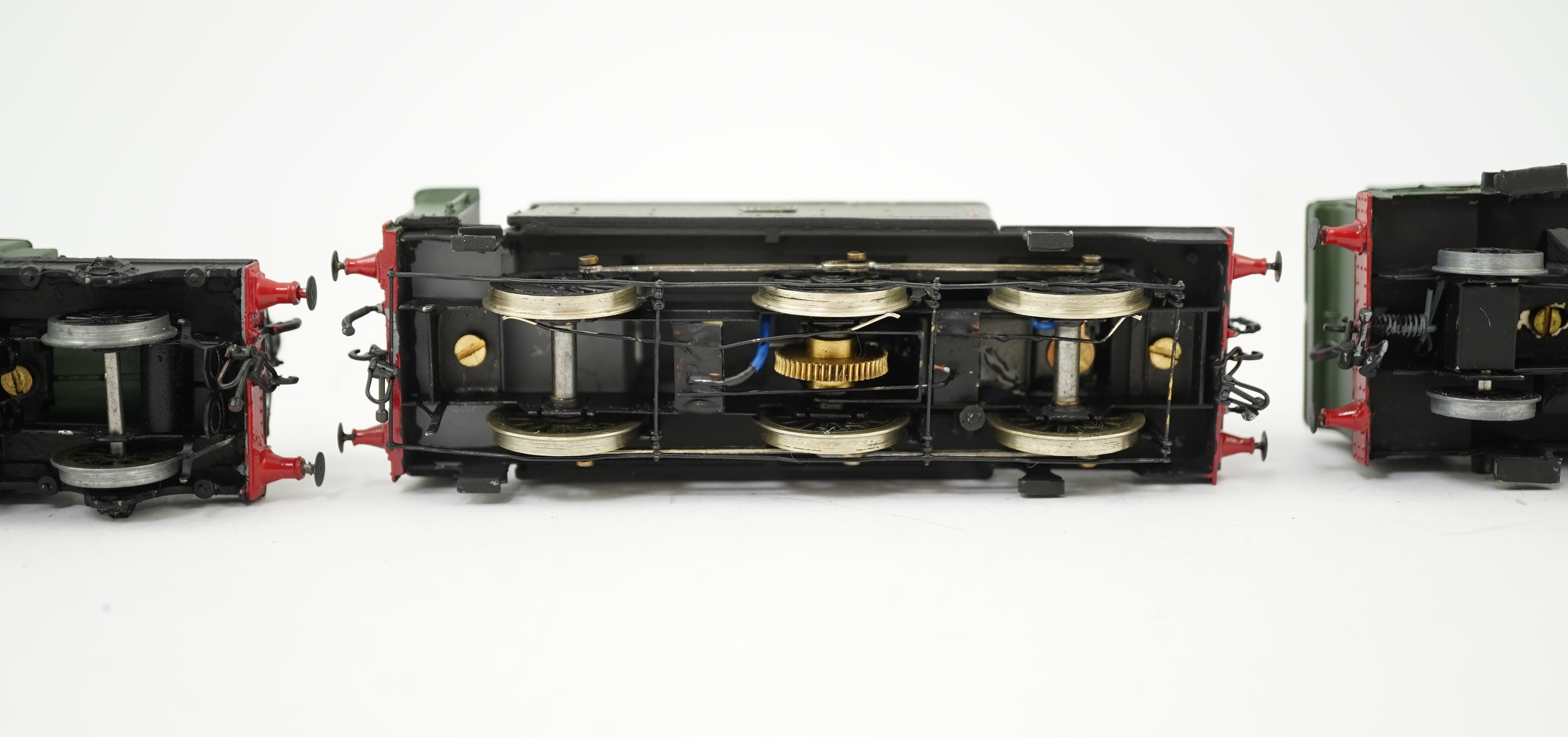 Four 00 gauge kit built GWR tank locomotives, three brass and white metal; a 14xx class 2-4-0T, 1458, together with an 517 class 0-4-2T, 574, and a 633 class 0-4-2T, 633, plus a plastic/resin and metal 46xx class 4-4-2T,